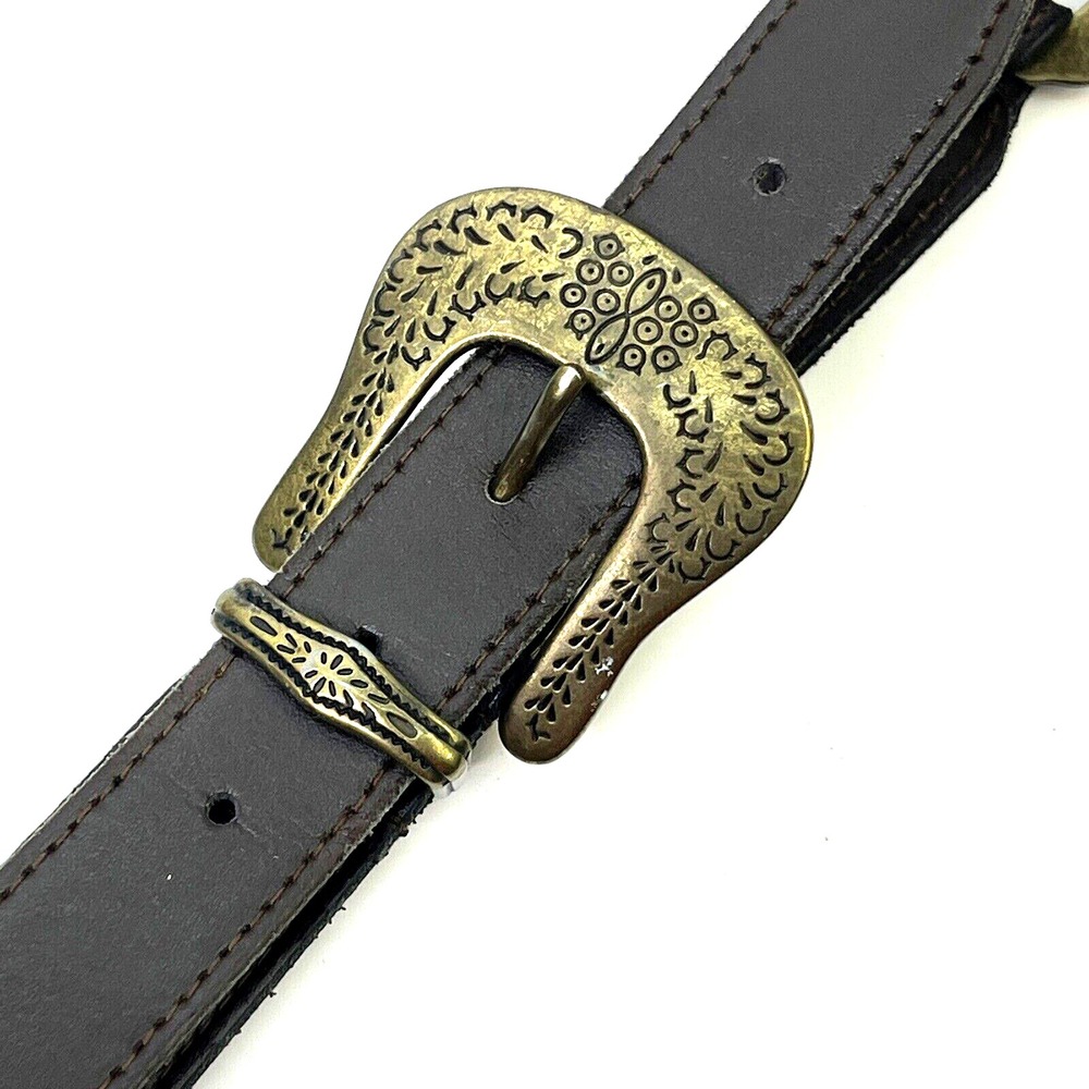 Unbranded Womens Brown Leather Belt Engraved Decorative Buckle & Hardware 26-30"